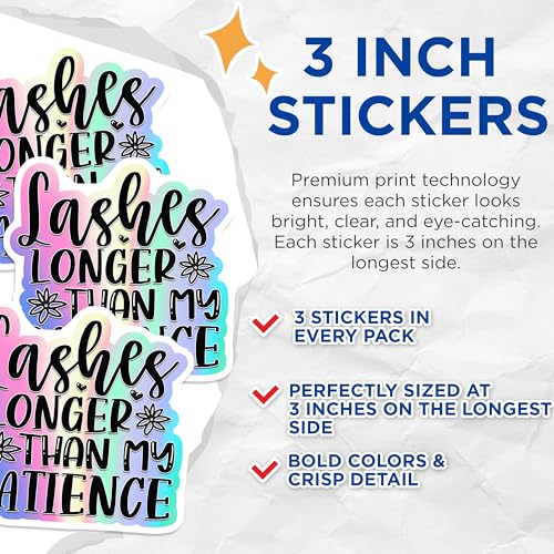 (3 Pack) Lashes Longer Than My Patience Decals - Lash Tech Decal - Laptop Decal - 3 Inches On Longest Side - Easy Peel & Apply - Made in USA - 3MCS2895