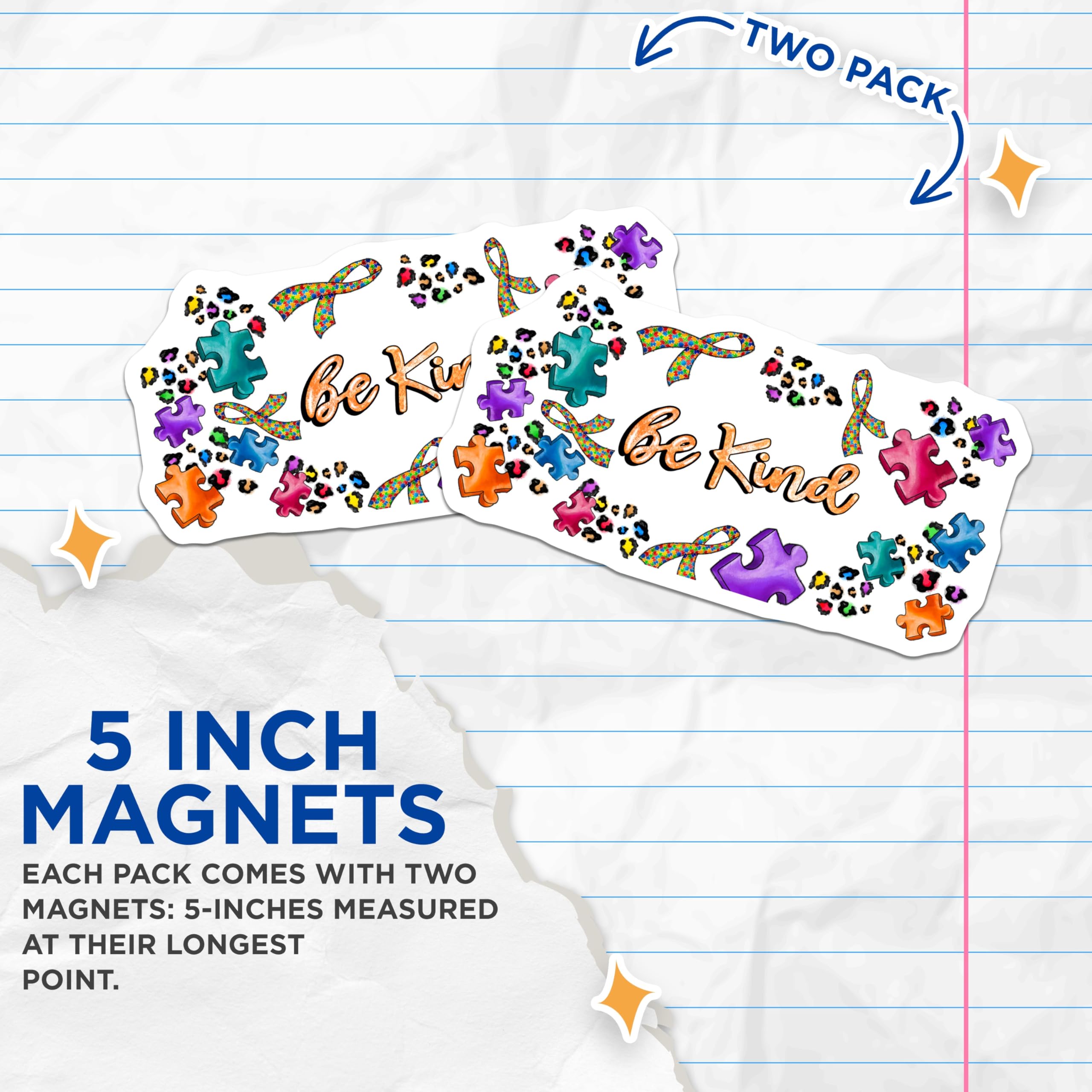 (2 Pack) Autism Awareness Magnets - Be Kind Puzzle Piece - Neurodiversity Ally Support - 5 Inches On Longest Side - Thick Durable Magnet - Made in USA - MAG28251