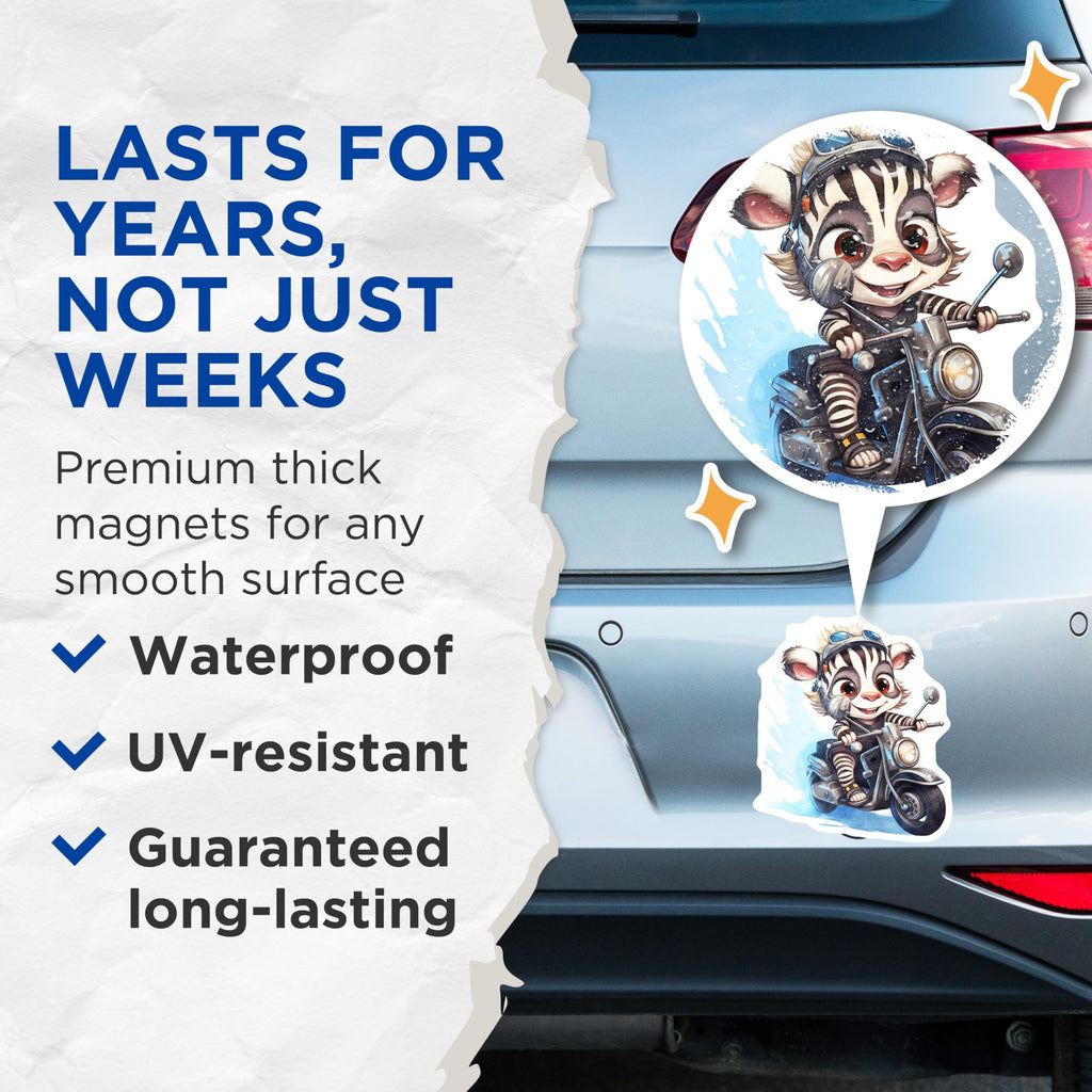 (2 Pack) Zebra Motorcycle Magnets - Cartoon Animal Decor - Cute Fridge Magnets for Kids - 5" On Longest Side - Premium Magnet - for Cars, Refrigerators, Toolboxes, Lockers - Made in USA - MAG17006
