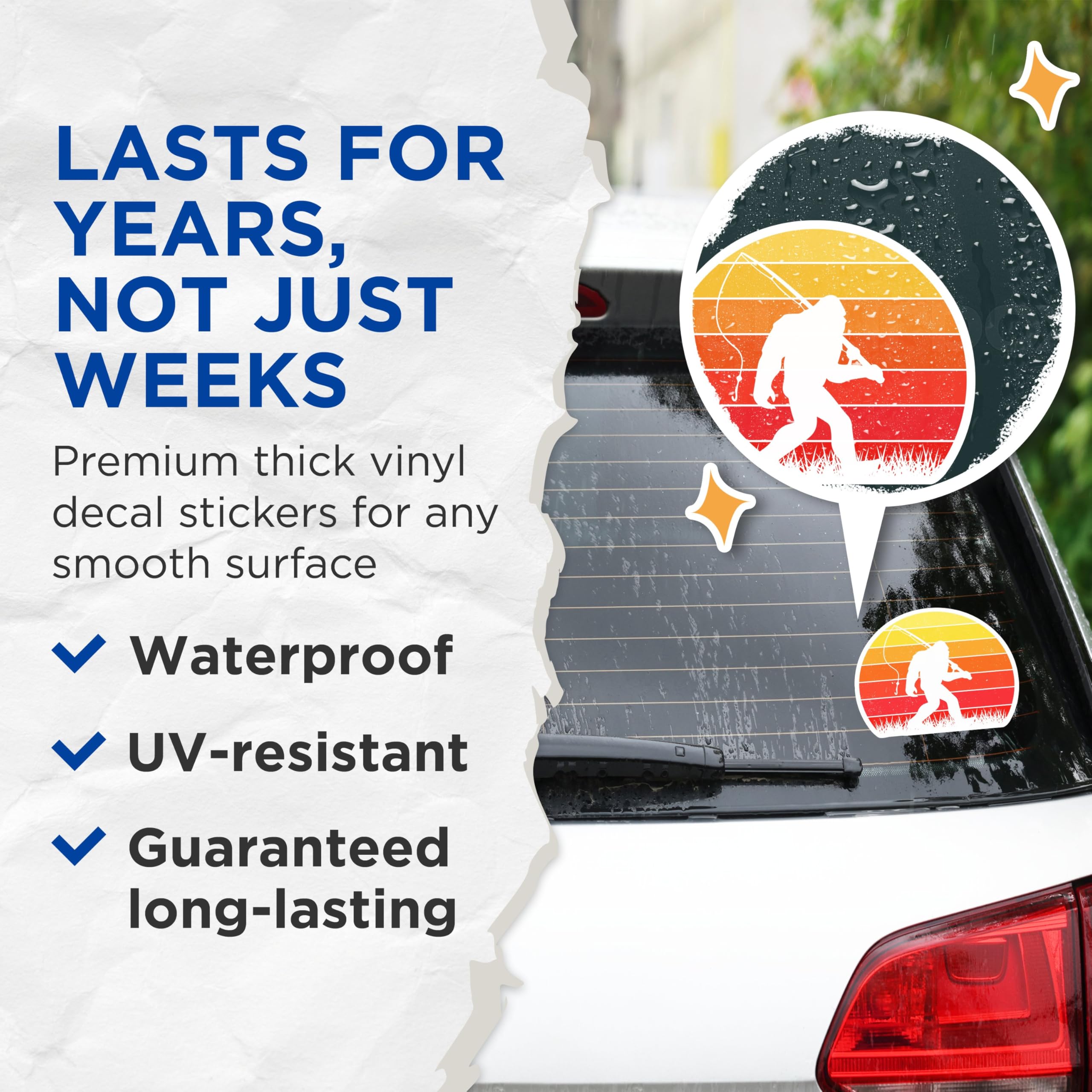 (2 Pack) Bigfoot Fishing Stickers - Sasquatch Sunset Decals - Outdoorsman Laptop Stickers - Retro Yeti Car Stickers - 5" On Longest Side - Sticks to Smooth Flat Surfaces - Made in USA - BMCS4779