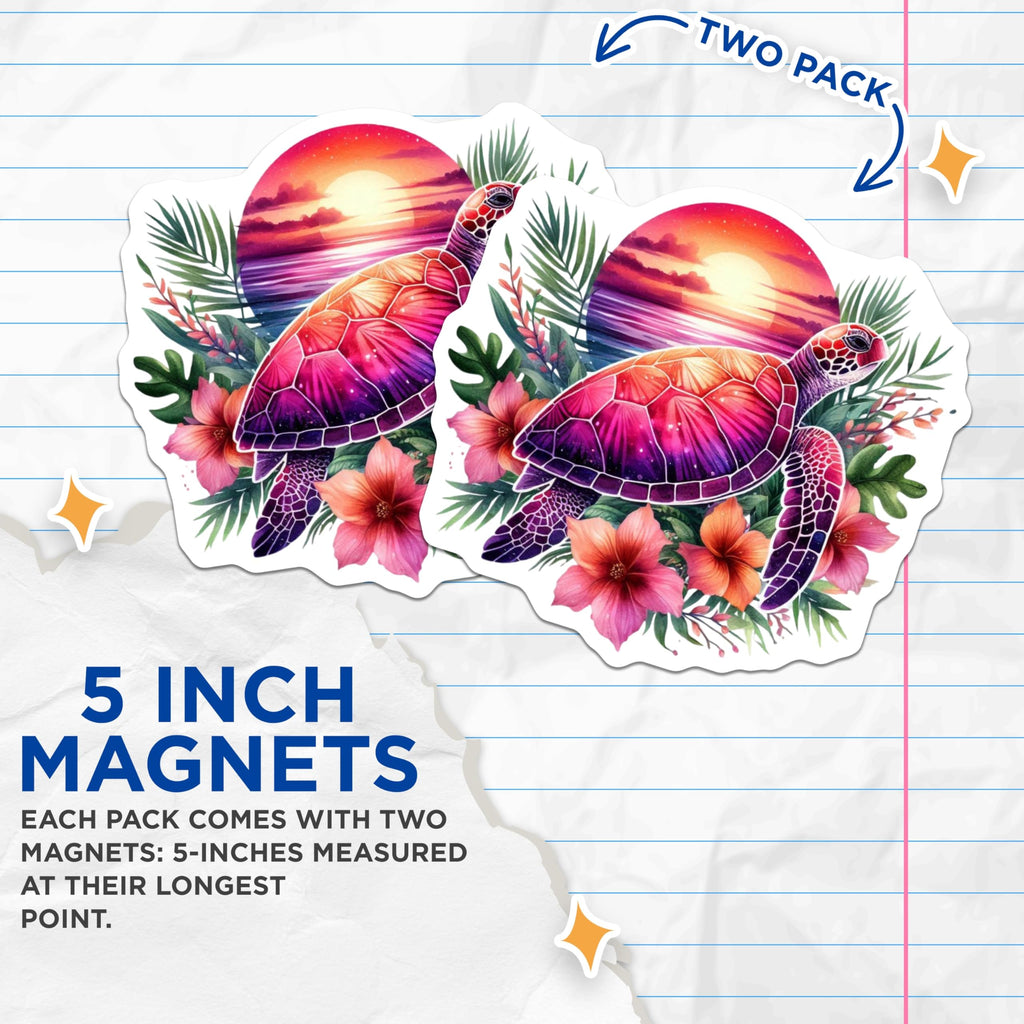 (2 Pack) Sea Turtle Magnets - Colorful Marine Life Art - Tropical Sunset Ocean Landscape - Vibrant Beach Decor - 5 Inches On Longest Side - Thick Durable Magnet - Made in USA - MAG21621