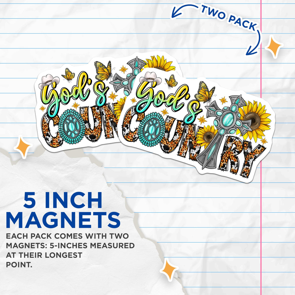 (2 Pack) God Country Magnets - Western Christian Decor - Leopard Print Sunflowers - 5 Inches On Longest Side - Thick Durable Magnet - Made in USA - MAG27413