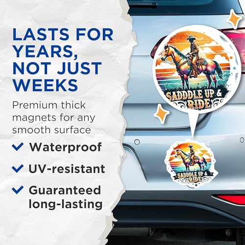 (2 Pack) Saddle Up and Ride Magnets - Cowboy Magnets - Western Decor - Rustic Fridge Magnets - Horse Lover Magnets - 5" On Longest Side - for Cars, Fridges, Toolboxes - Made in USA - MAG6898