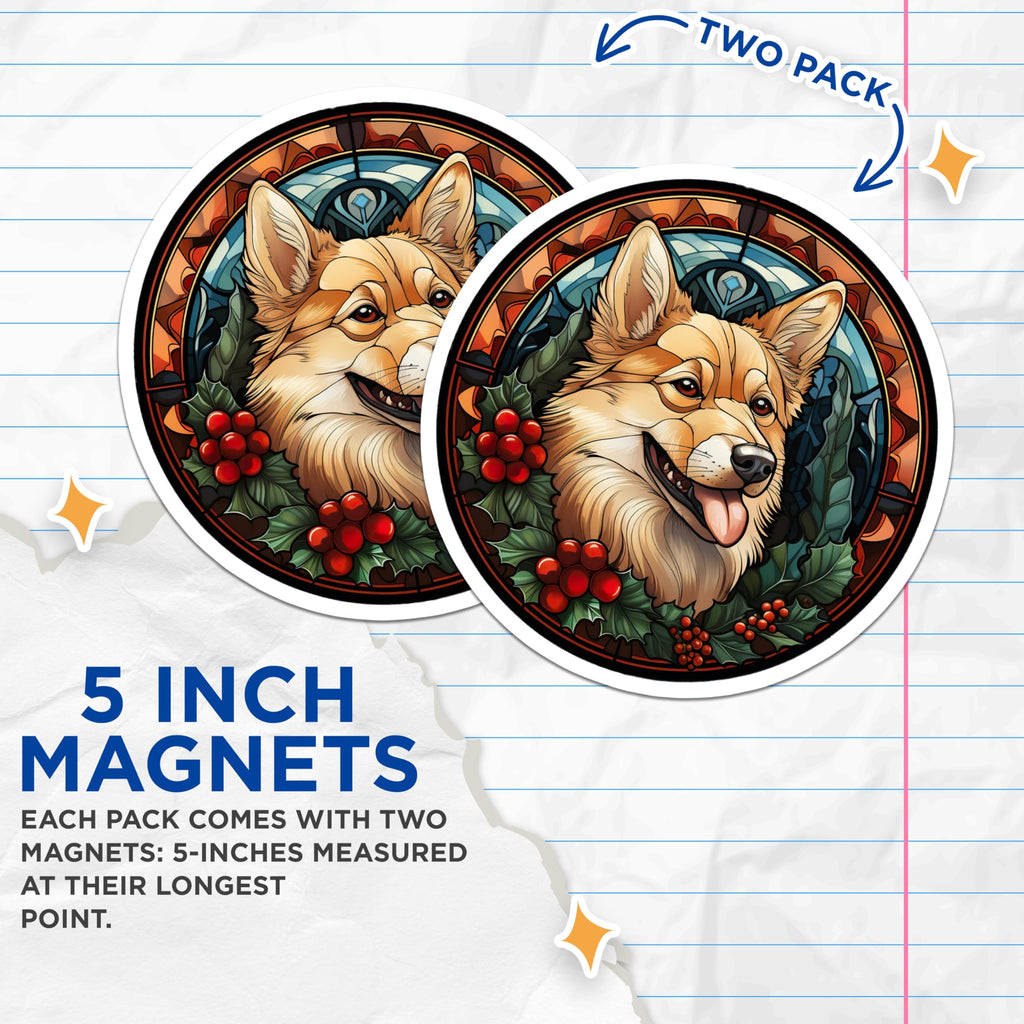 (2 Pack) Corgi Magnets - Stained Glass Dog Art - Christmas Holiday Decor for Pet Lovers - 5 Inches On Longest Side - Thick Durable Magnet - Made in USA - MAG27123