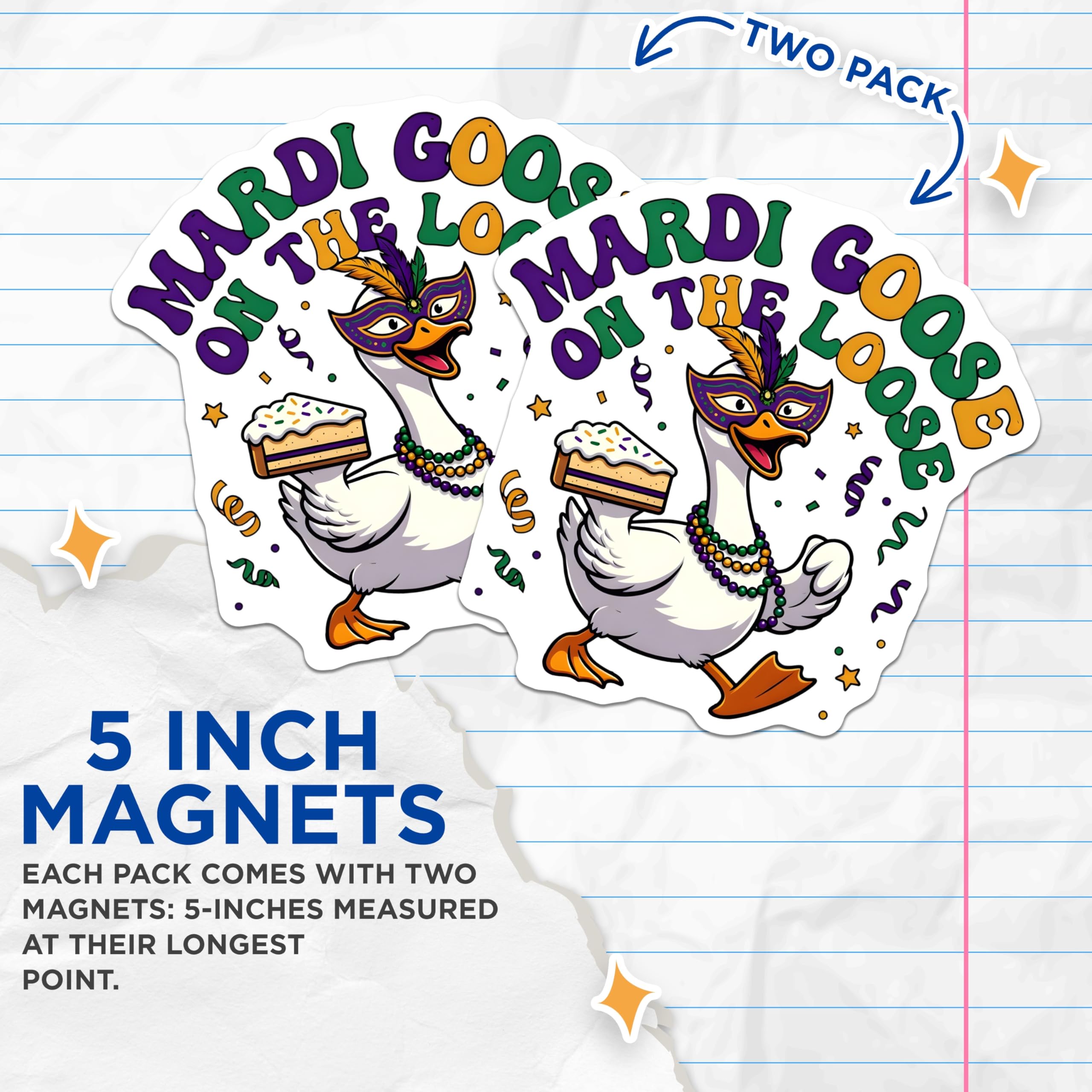 (2 Pack) Mardi Gras Magnets - Goose on The Loose - King Cake and Beads Decor - 5" On Longest Side - Premium Magnet - for Cars, Refrigerators, Toolboxes, Lockers - Made in USA - MAG16066
