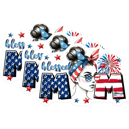 (3 Pack) Blessed Mom Decals - Patriotic Decals - USA Flag Decals - 3 Inches On Longest Side - Easy Peel & Apply - Made in USA - 3MCS6217