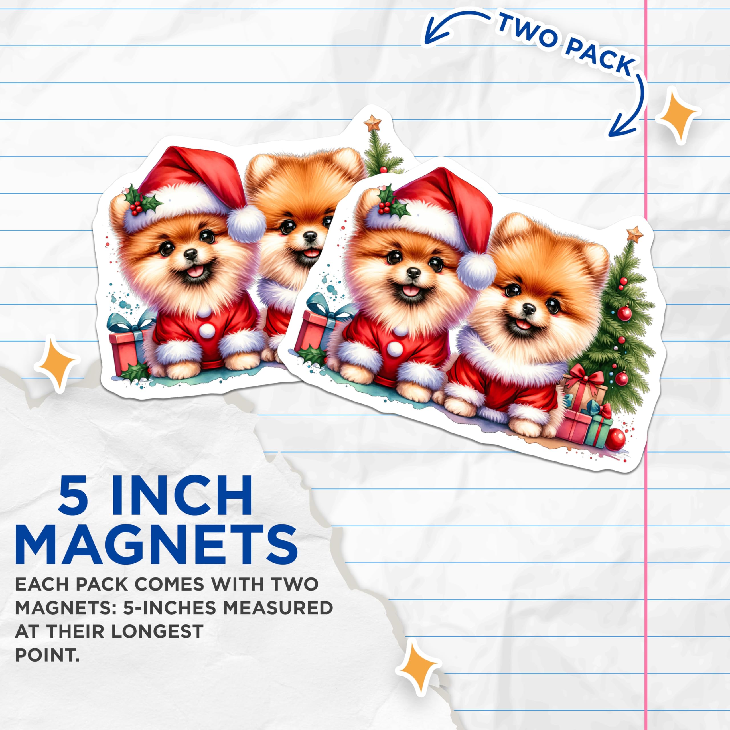 (2 Pack) Cute Pomeranian Christmas Magnets - Holiday Puppy Decor - Festive Dog Lover Fridge Magnet - 5 Inches On Longest Side - Thick Durable Magnet - Made in USA - MAG29245