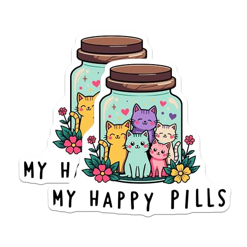 (2 Pack) Cute Cat Happy Pills Stickers - Funny Cat Lovers - Adorable Cat Jar Design - 5" On Longest Side - Sticks to Smooth Flat Surfaces - Made in USA - BMCS6746