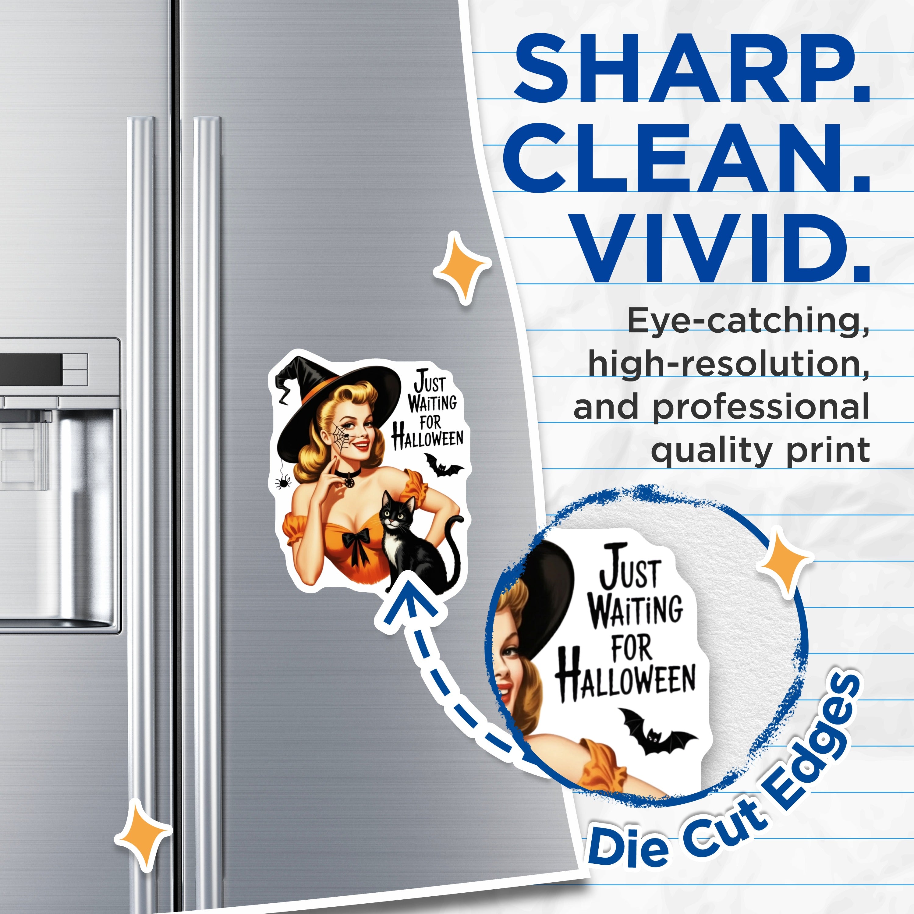(2 Pack) Retro Pinup Witch Magnets - Just Waiting for Halloween Decor - Black Cat Spooky Fridge Locker Accent - 5 Inches On Longest Side - Thick Durable Magnet - Made in USA - MAG37836