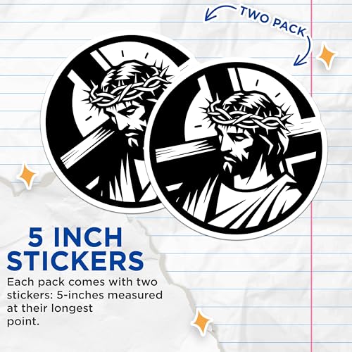 (2 Pack) Inspirational Jesus Stickers - Christian Faith - Religious Art - 5" On Longest Side - Sticks to Smooth Flat Surfaces - Made in USA - BMCS5584