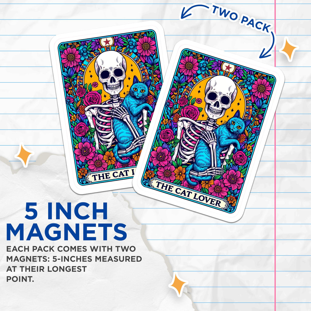 (2 Pack) Cat Lover Skeleton Magnets - Dia De Muertos Floral - Witchy Refrigerator Decor - 5 Inches On Longest Side - Thick Durable Magnet - Made in USA - MAG25680