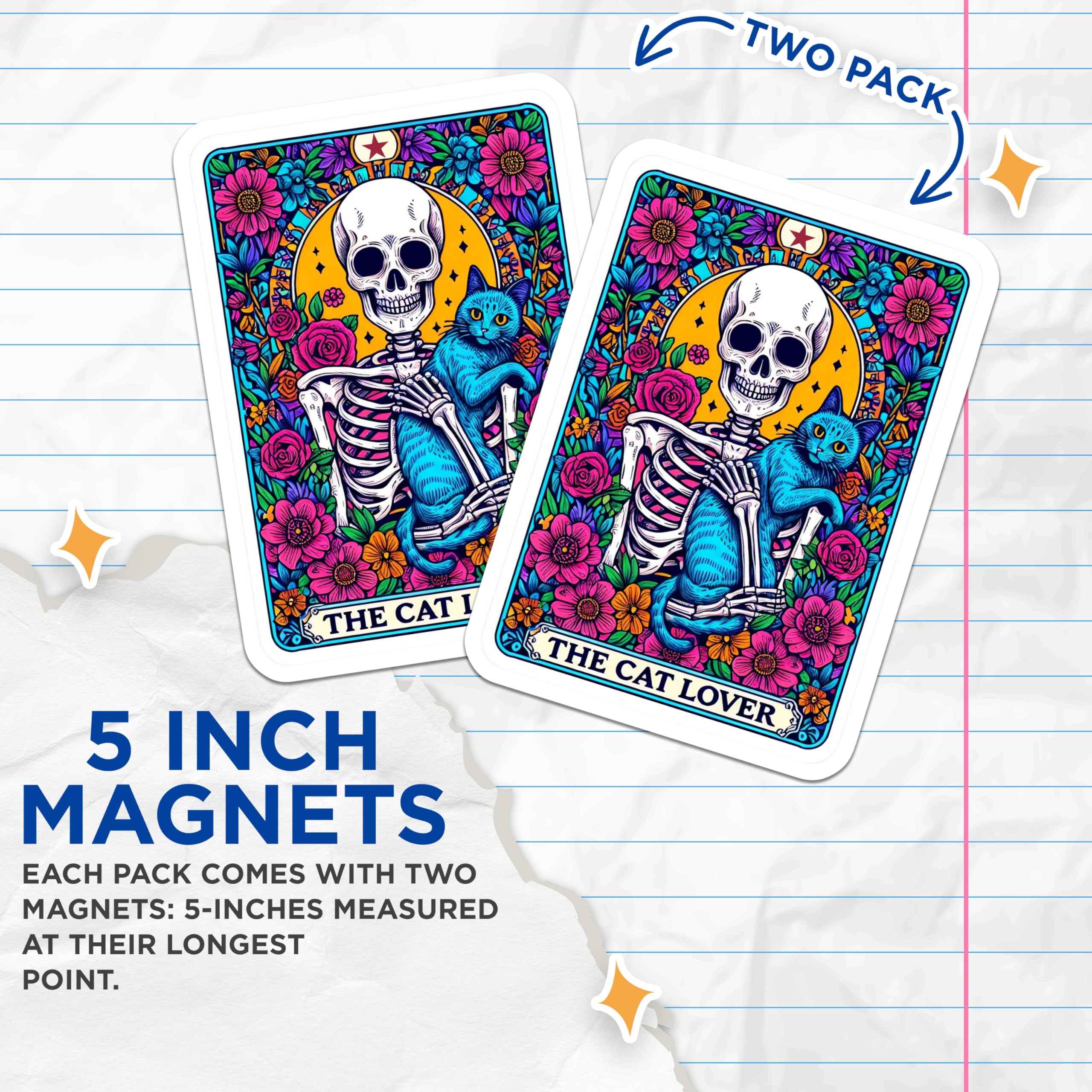 (2 Pack) Cat Lover Skeleton Magnets - Dia De Muertos Floral - Witchy Refrigerator Decor - 5 Inches On Longest Side - Thick Durable Magnet - Made in USA - MAG25680