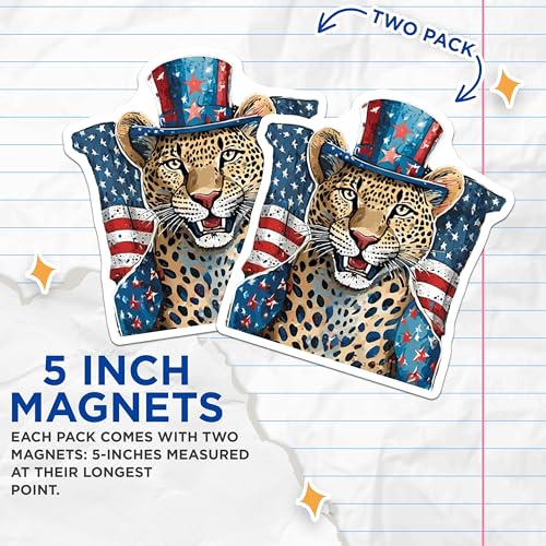 (2 Pack) Patriotic Leopard Magnets Magnets - Animal Art - Stars and Stripes Decor - 5" On Longest Side - Made in USA - Sticks to Refrigerators & Metal Surfaces - MAG8827