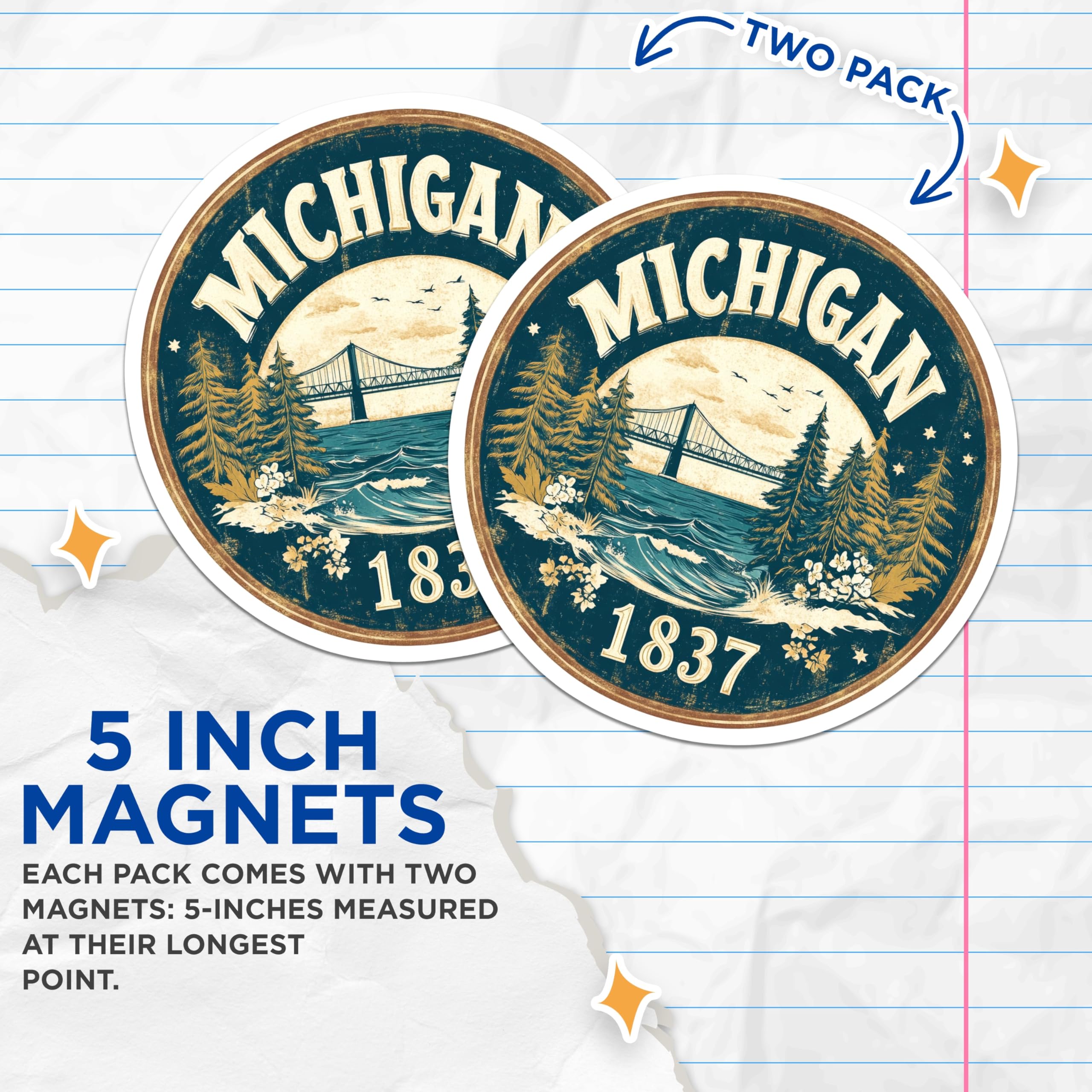 (2 Pack) Michigan Magnets - Mackinac Bridge Decor - State Souvenir - 5" On Longest Side - Premium Magnet - for Cars, Refrigerators, Toolboxes, Lockers - Made in USA - MAG14574