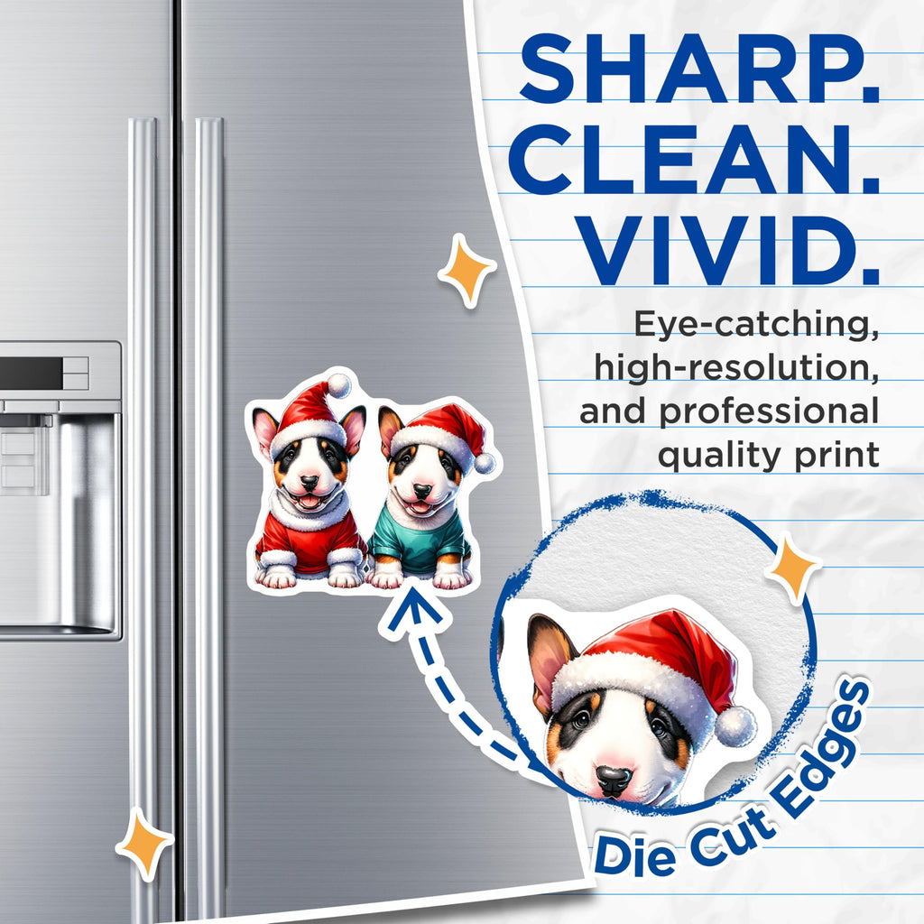 (2 Pack) Christmas Bull Terrier Puppy Magnets - Festive Holiday Dog Decor - Animal Lovers Seasonal Item - 5 Inches On Longest Side - Thick Durable Magnet - Made in USA - MAG23593