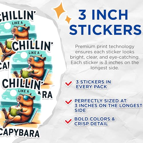 (3 Pack) Chillin Capybara Decals - Relaxing Rodent Art - Funny Animal Decals - 3 Inches On Longest Side - Easy Peel & Apply - Made in USA - 3MCS1499
