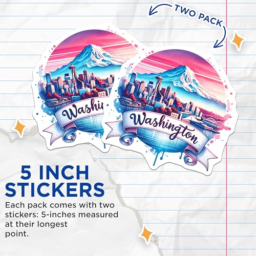 (2 Pack) Washington State Stickers - Seattle Skyline - Mountain Scenic View - 5" On Longest Side - Sticks to Smooth Flat Surfaces - Made in USA - BMCS7161