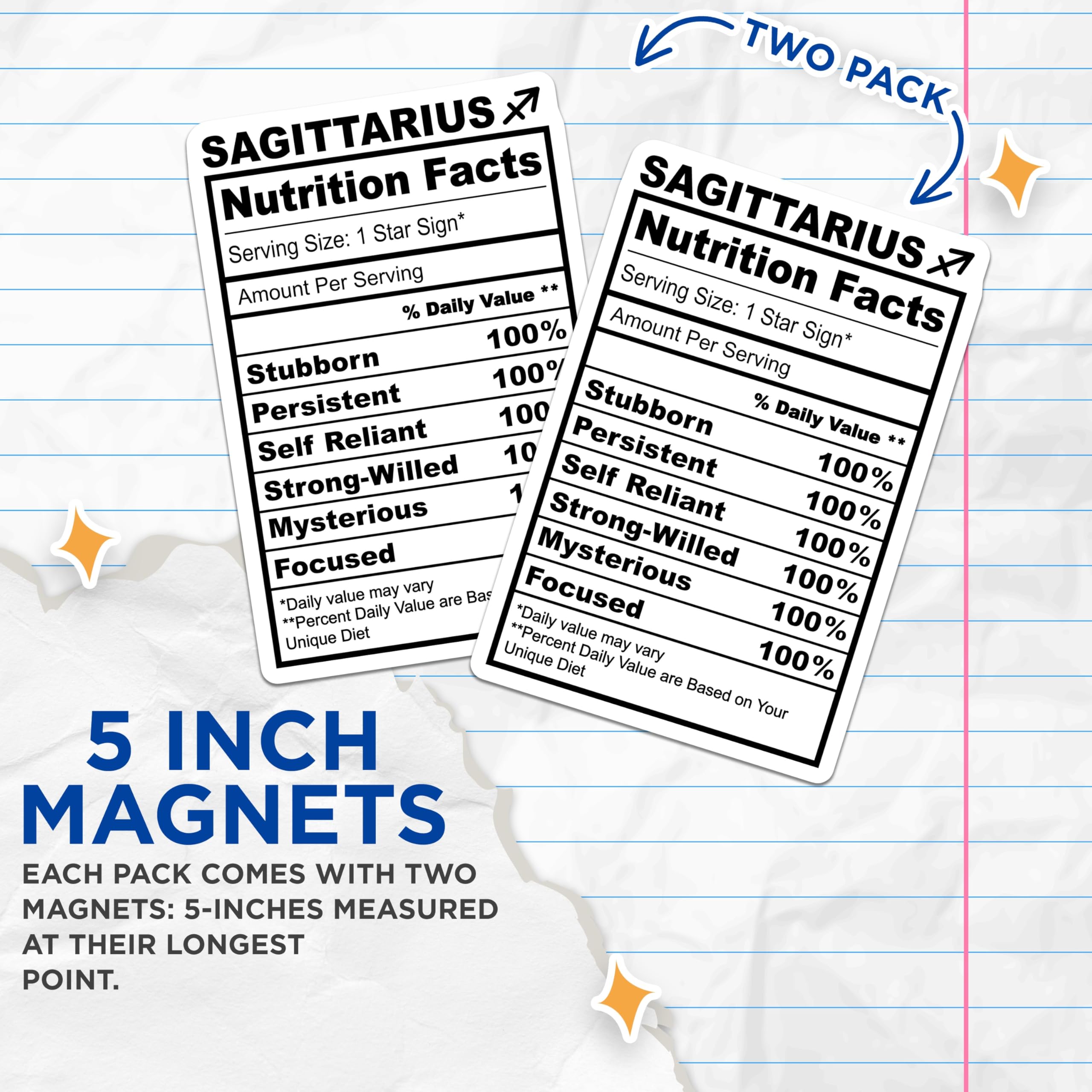 (2 Pack) Sagittarius Magnets - Star Sign Nutrition Facts - Zodiac Horoscope Fridge Magnets - 5" On Longest Side - Premium Magnet - for Cars, Refrigerators, Toolboxes, Lockers - Made in USA - MAG15881