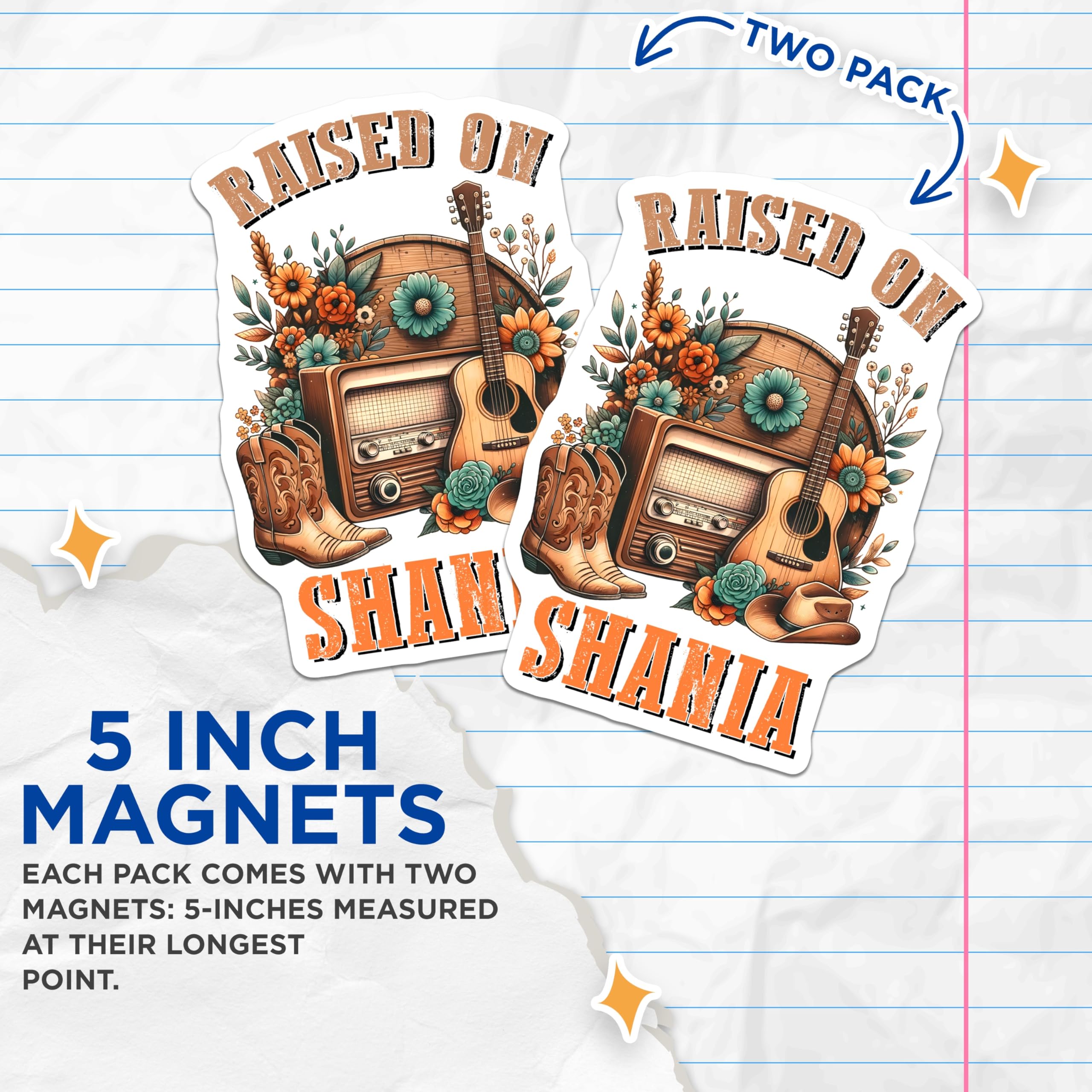 (2 Pack) Shania Twain Magnets - Country Music Decor - Retro Radio Flower Magnets - 5" On Longest Side - Premium Magnet - for Cars, Refrigerators, Toolboxes, Lockers - Made in USA - MAG15019