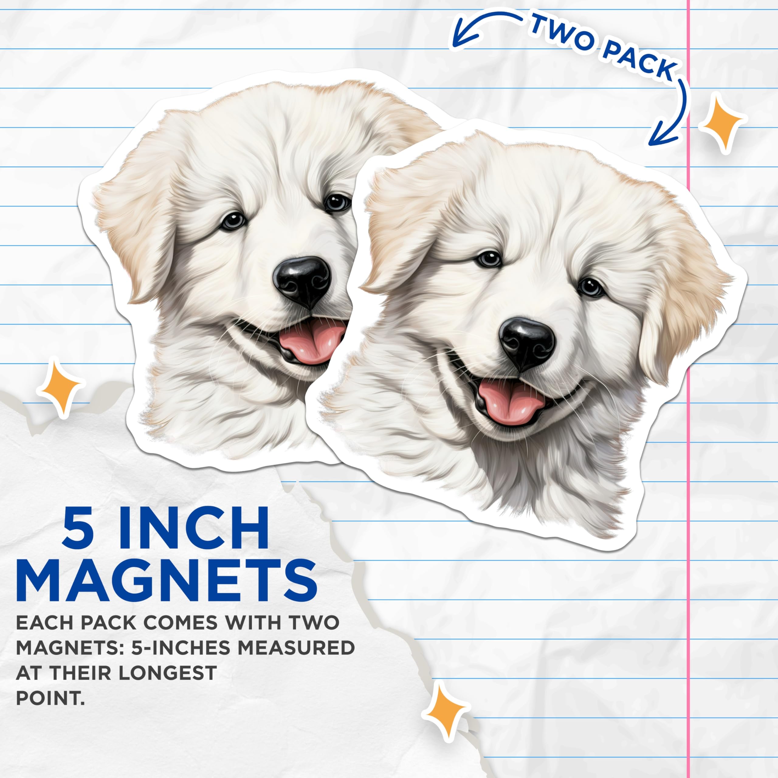(2 Pack) Fluffy White Puppy Magnets - Golden Retriever Dog Lover Refrigerator Decor - Cute Pet Owner Kitchen Accessories - 5 Inches On Longest Side - Thick Durable Magnet - Made in USA - MAG26479