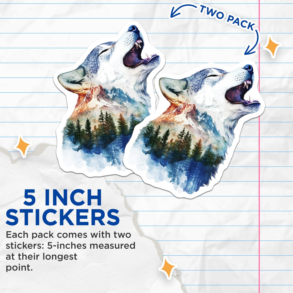 (2 Pack) Howling Wolf Stickers - Mountain Scene Decals - Forest Stickers - Adventure Stickers - 5" On Longest Side - Sticks to Smooth Flat Surfaces - Made in USA - BMCS15358