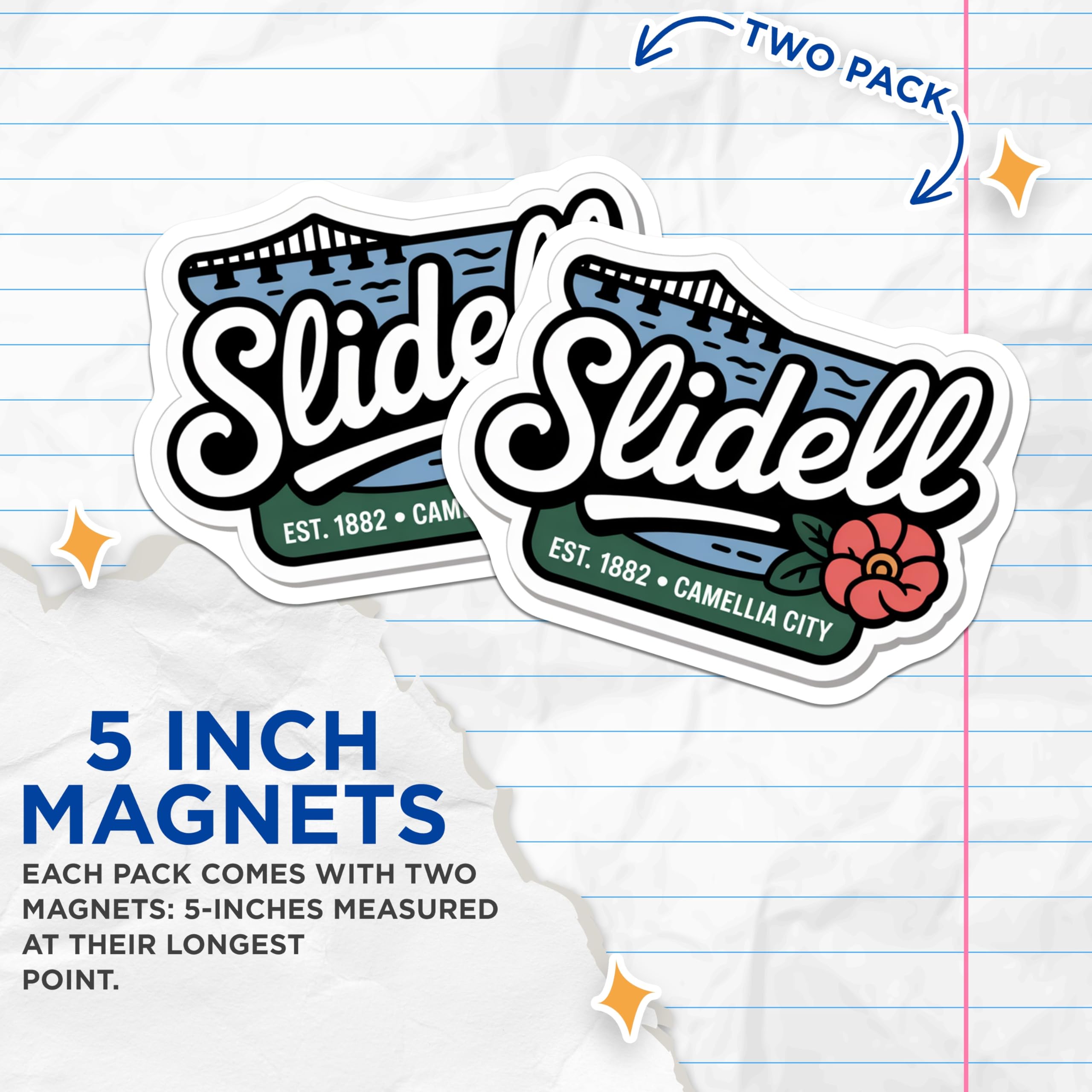 (2 Pack) Slidell Louisiana Magnets - Camellia City Bridge Design - Established 1882 Souvenirs - 5 Inches On Longest Side - Thick Durable Magnet - Made in USA - MAG19444