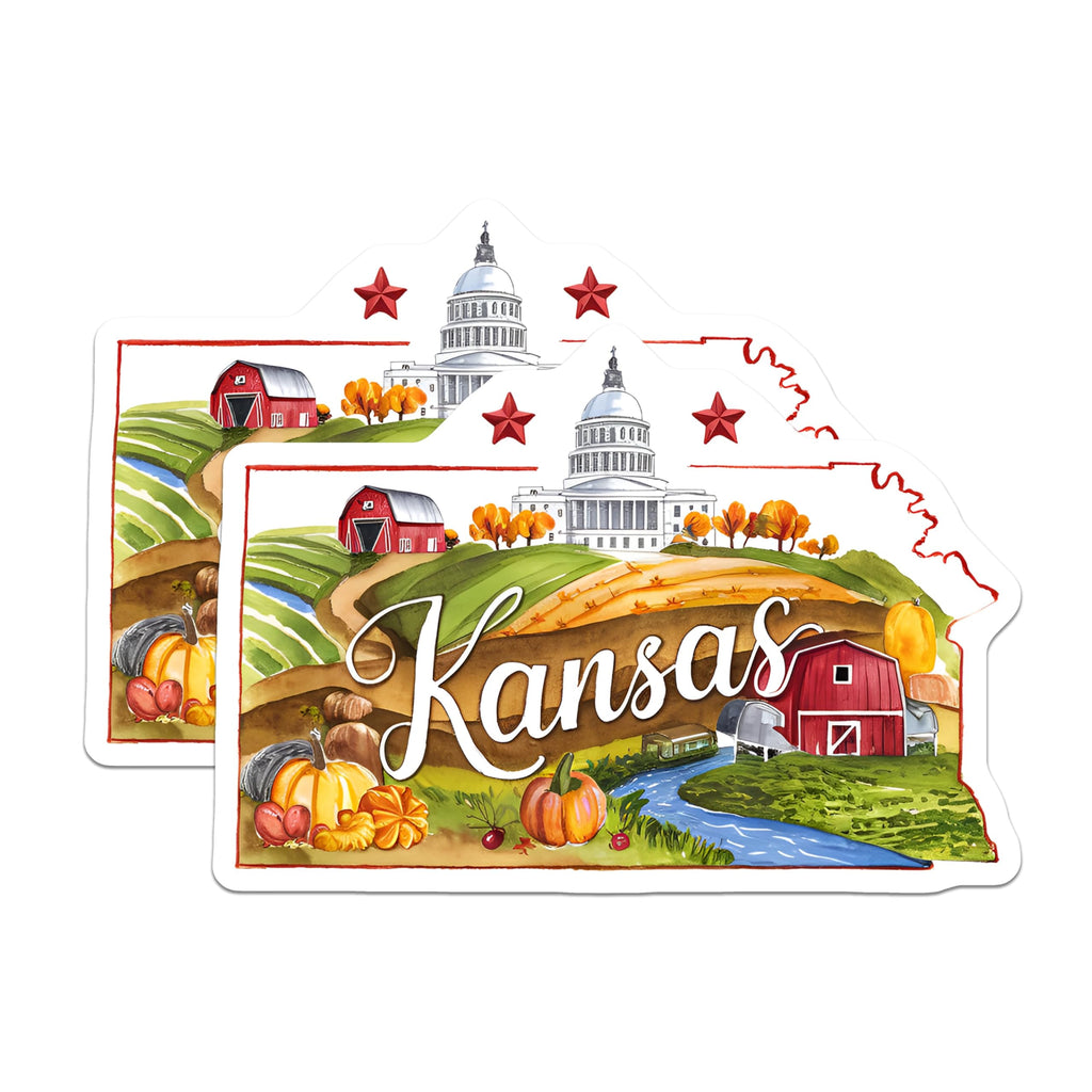 (2 Pack) Kansas State Stickers - State Map Sticker - Kansas Travel Souvenir - Kansas Themed Sticker - 5" On Longest Side - Sticks to Smooth Flat Surfaces - Made in USA - BMCS6273
