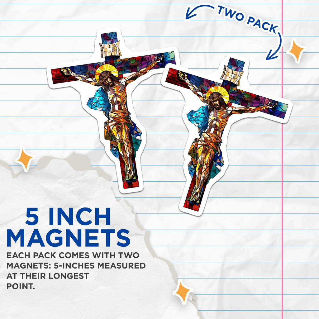 (2 Pack) Stained Glass Christ Magnets - Crucifixion Art - Religious Decor - Christian Faith - 5 Inches On Longest Side - Thick Durable Magnet - Made in USA - MAG37378