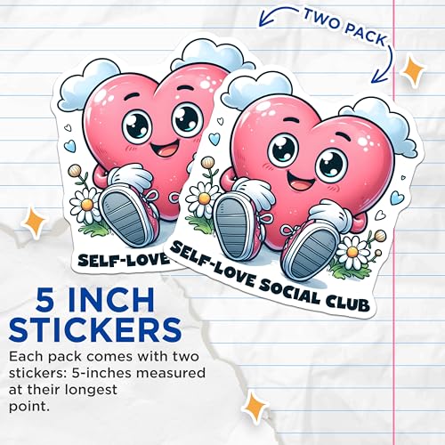 (2 Pack) Self-Love Social Club Stickers - Cute Heart Cartoon - Inspirational Motivational - 5" On Longest Side - Sticks to Smooth Flat Surfaces - Made in USA - BMCS7514