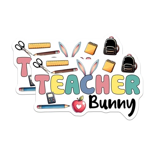 (2 Pack) Teacher Bunny Stickers - Cute Teacher Accessories - Classroom Decor - 5" On Longest Side - Sticks to Smooth Flat Surfaces - Made in USA - BMCS8150