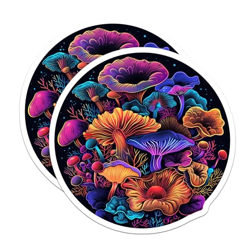 (2 Pack) Vibrant Mushroom Stickers - Trippy Fungi Sticker - Colorful Psychedelic Art Stickers - 5" On Longest Side - Sticks to Smooth Flat Surfaces - Made in USA - BMCS6505