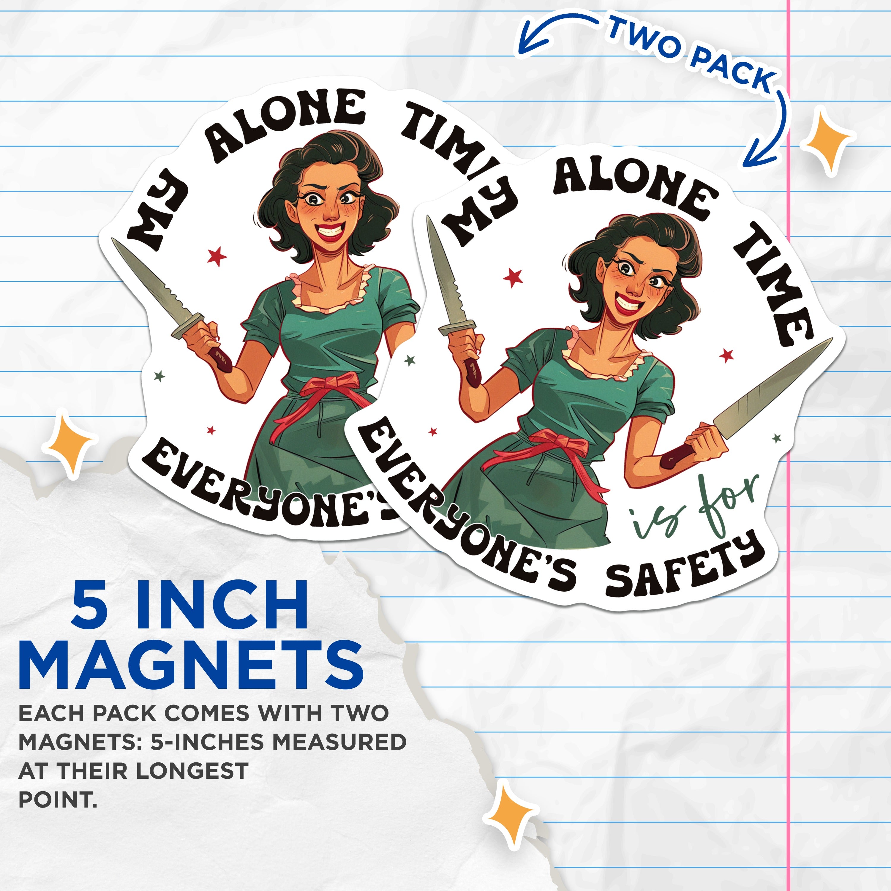(2 Pack) My Alone Time is for Everyone's Safety Magnets - Funny Retro Woman Art - Sarcastic Kitchen Decor - Introvert - 5 Inches On Longest Side - Thick Durable Magnet - Made in USA - MAG39340