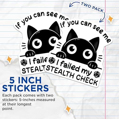 (2 Pack) Funny RPG Gamer Stickers - Black Cat DND Humor - Stealth Check Fail Stickers - 5" On Longest Side - Sticks to Smooth Flat Surfaces - Made in USA - BMCS5662