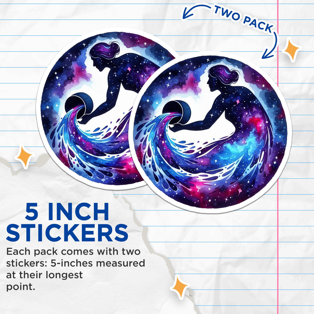 (2 Pack) Aquarius Zodiac Stickers - Horoscope Sign - Celestial Art- 5" On Longest Side - Sticks to Smooth Flat Surfaces - Made in USA - BMCS16250