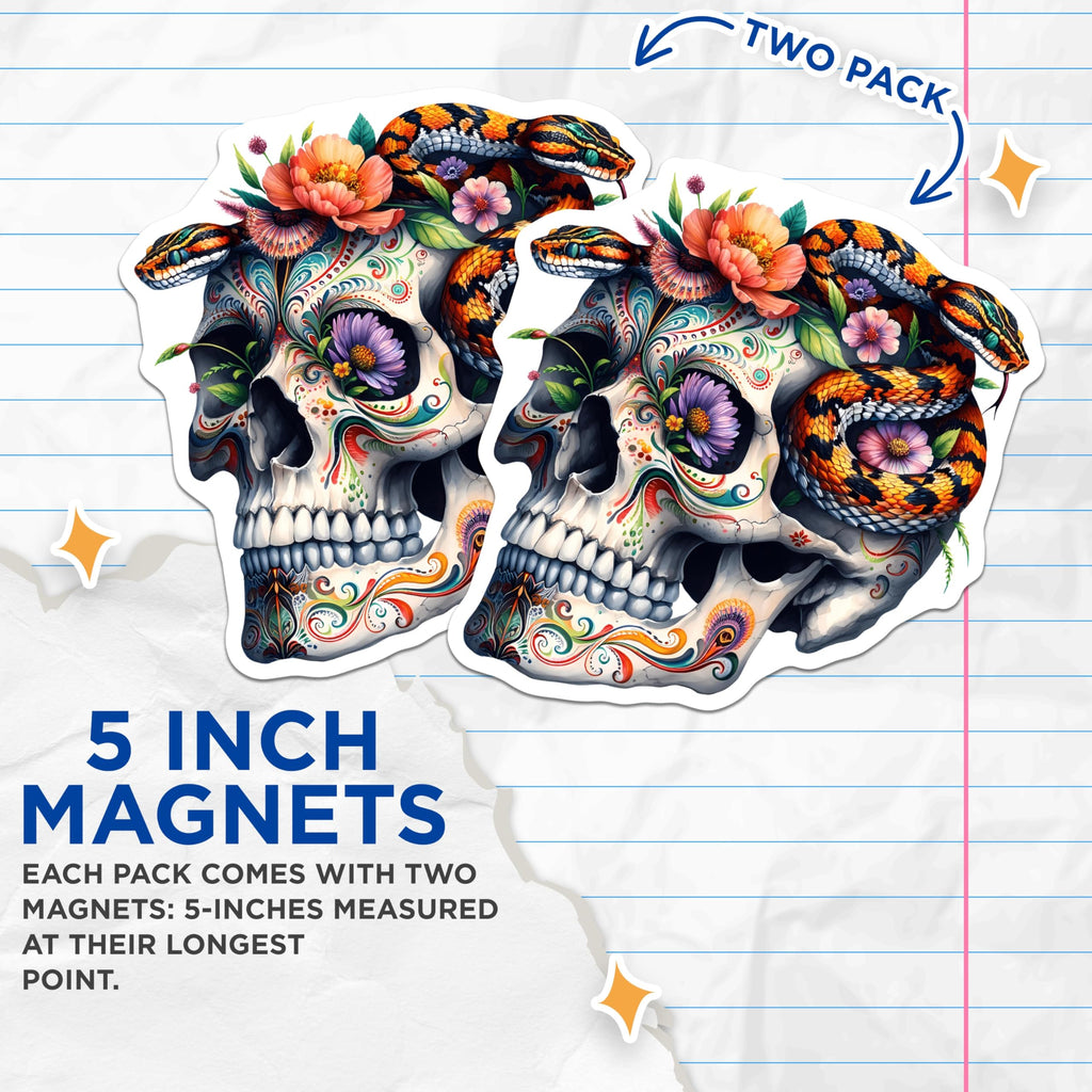 (2 Pack) Sugar Skull Magnets - Snake Floral Art - Dia de Los Muertos Decor - 5 Inches On Longest Side - Thick Durable Magnet - Made in USA - MAG21850