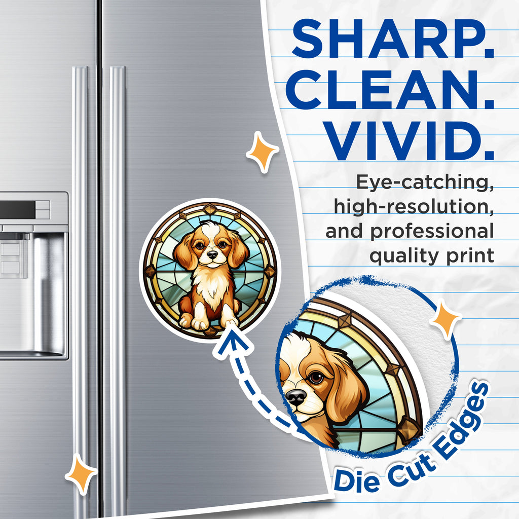 (2 Pack) Cavalier Spaniel Magnets - Stained Glass Puppy Art - Cute Pet Lover Refrigerator Decor - 5 Inches On Longest Side - Thick Durable Magnet - Made in USA - MAG37137