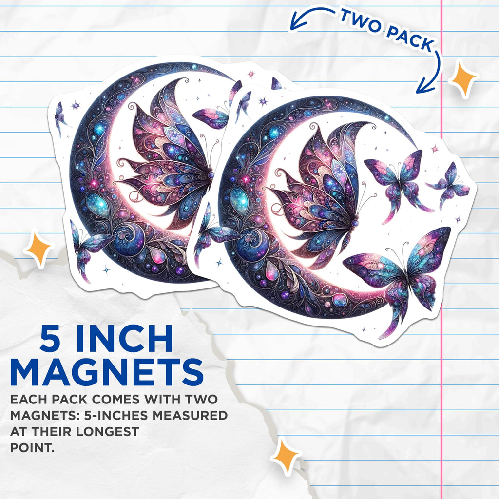 (2 Pack) Galaxy Butterfly Magnets - Celestial Moon Art - Cosmic Home Decor - 5" On Longest Side - Premium Magnet - for Cars, Refrigerators, Toolboxes, Lockers - Made in USA - MAG15617
