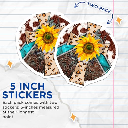 (2 Pack) Sunflower Cross Stickers - Leopard Print - Western Boho - 5" On Longest Side - Sticks to Smooth Flat Surfaces - Made in USA - BMCS5705