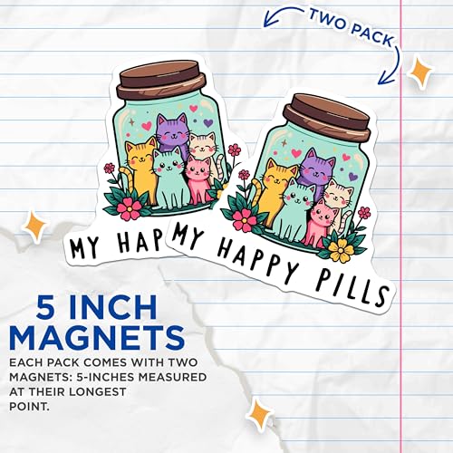 (2 Pack) Cute Cat Jar Magnets - Fun Happy Pills - Whimsical Animal Decor - Refrigerator for Kids Cat Lovers - 5" On Longest Side - for Cars, Fridges, Toolboxes - Made in USA - MAG6746