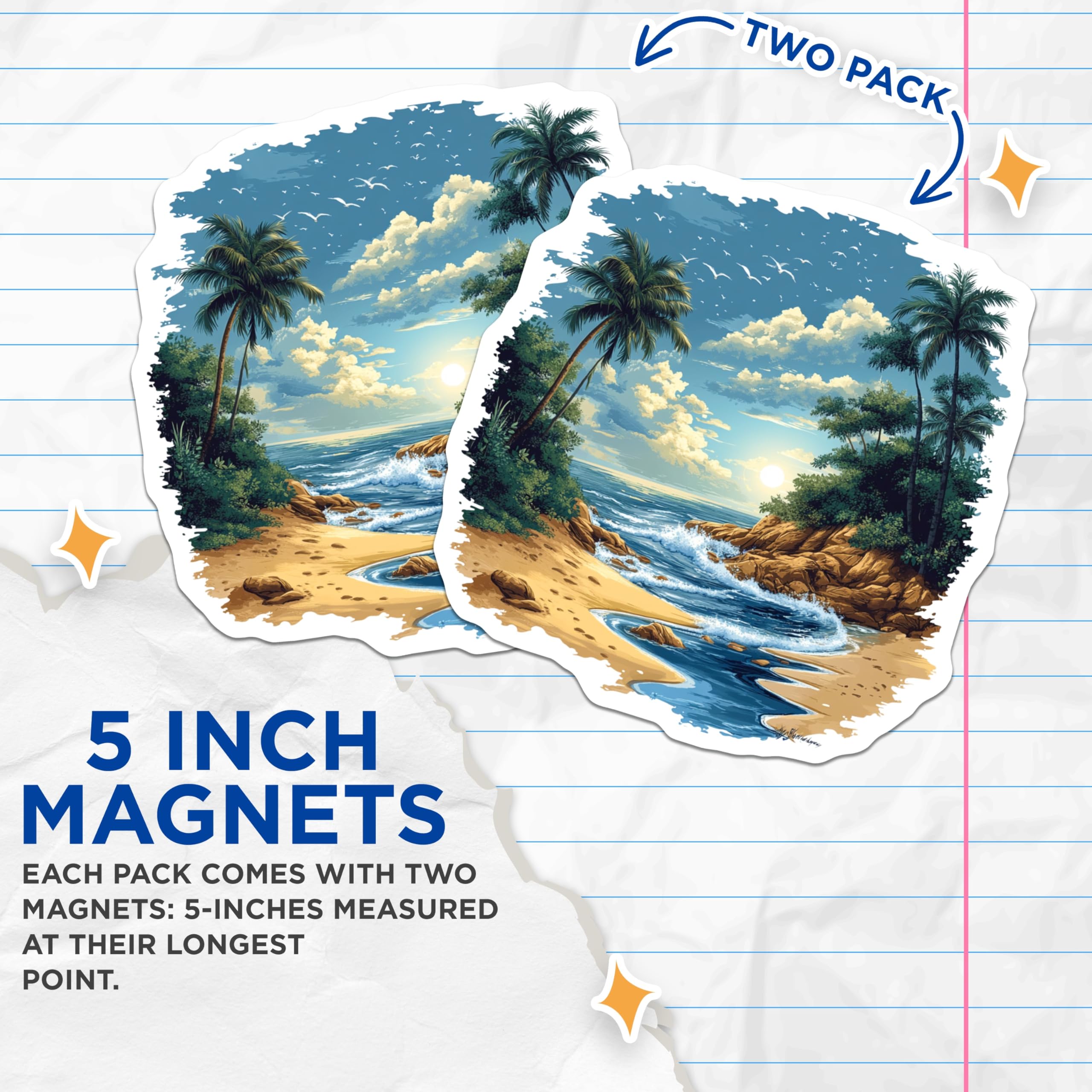 (2 Pack) Tropical Beach Magnets - Ocean Scene Palm Tree - Vacation Souvenir Sunny Seascape - 5 Inches On Longest Side - Thick Durable Magnet - Made in USA - MAG26465