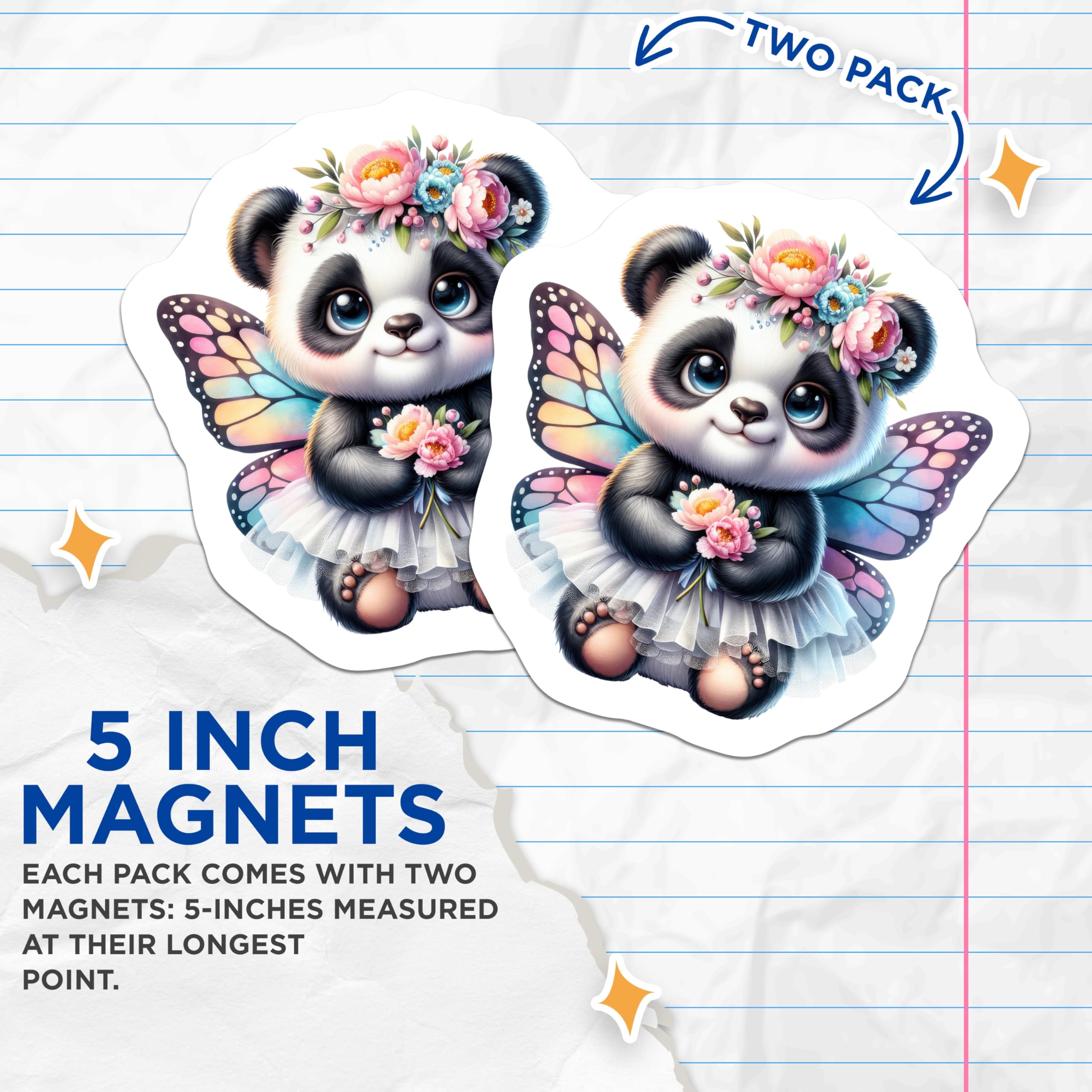(2 Pack) Cute Baby Panda Fairy Magnets - Whimsical Butterfly Animal Decor - Floral Enchanted Forest Fridge Magnets - 5 Inches On Longest Side - Thick Durable Magnet - Made in USA - MAG22874