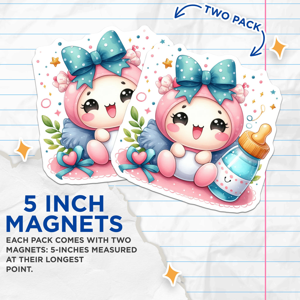 (2 Pack) Cute Kawaii Baby Magnets - Nursery Refrigerator Decor - Expecting Parent Announcement - New Mom Dad Item - 5 Inches On Longest Side - Thick Durable Magnet - Made in USA - MAG39450