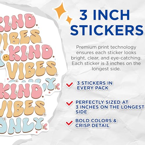 (3 Pack) Kind Vibes Only Decals - Retro Positive Message - Smiley Face Flower Laptop Decals- 3 Inches On Longest Side - Easy Peel & Apply - Made in USA - 3MCS5869