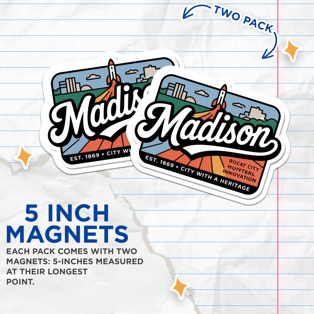 (2 Pack) Madison Alabama Magnets - Huntsville Rocket City - Home Decor Refrigerator - 5" On Longest Side - Premium Magnet - for Cars, Refrigerators, Toolboxes, Lockers - Made in USA - MAG18786