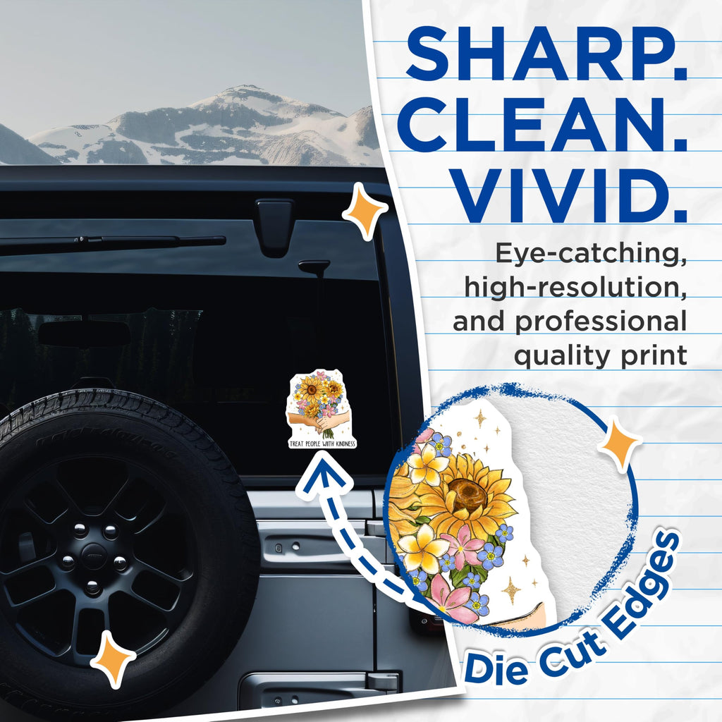 (2 Pack) Treat People with Kindness Stickers - Sunflower Hand Drawn Stickers - Floral Motivational Stickers - 5" On Longest Side - Sticks to Smooth Flat Surfaces - Made in USA - BMCS4166