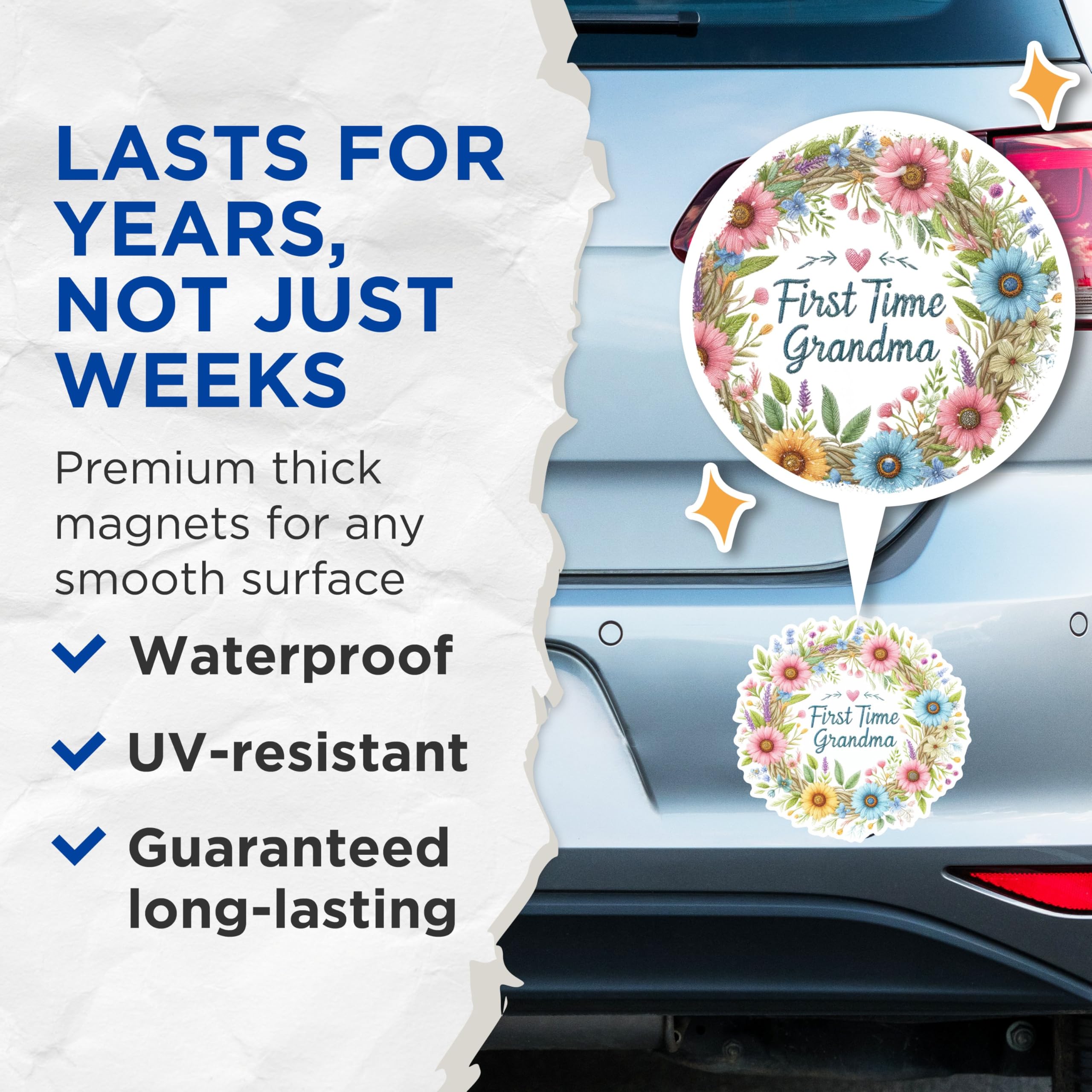 (2 Pack) First Time Grandma Magnets - Floral Wreath Magnets - Grandparent Announcement Magnets- 5" On Longest Side - for Fridges, Toolboxes, Cars - Made in USA - MAG2907