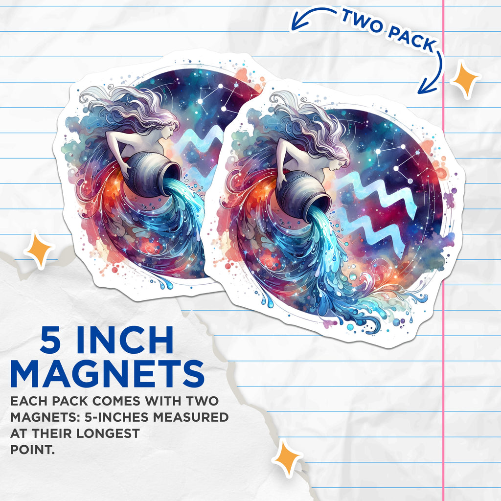 (2 Pack) Aquarius Magnets - Zodiac Sign Astrology Art - Water Bearer Celestial Decor - Spiritual Birthday - 5 Inches On Longest Side - Thick Durable Magnet - Made in USA - MAG38545