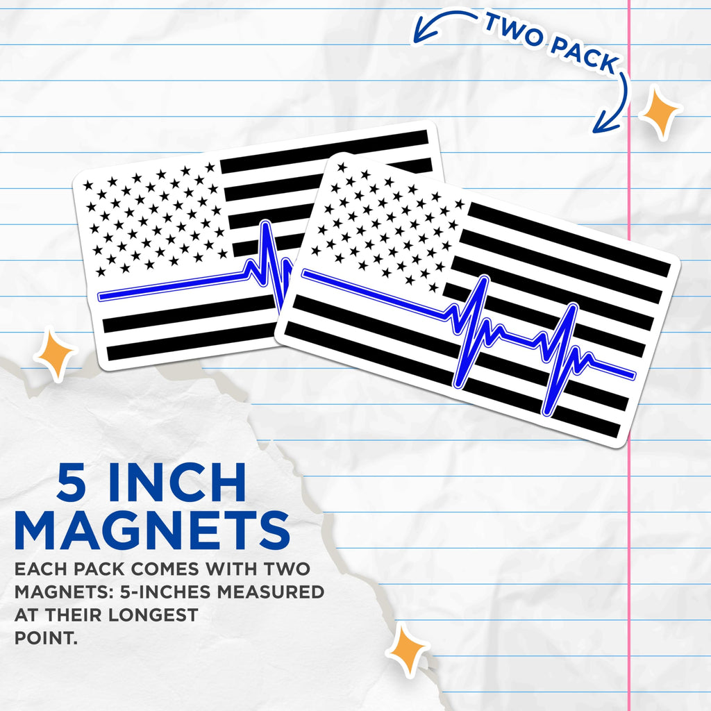 (2 Pack) Thin Blue Line Magnets - American Flag Heartbeat - Police EMS Support - 5 Inches On Longest Side - Thick Durable Magnet - Made in USA - MAG23074