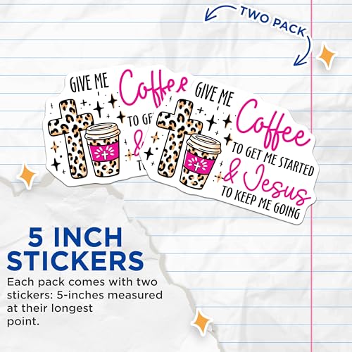 (2 Pack) Give Me Coffee Stickers - Jesus to Keep Me Going Stickers - Christian Motivation Decal - 5" On Longest Side - Sticks to Any Smooth Flat Surface - Made in USA - BMCS3127