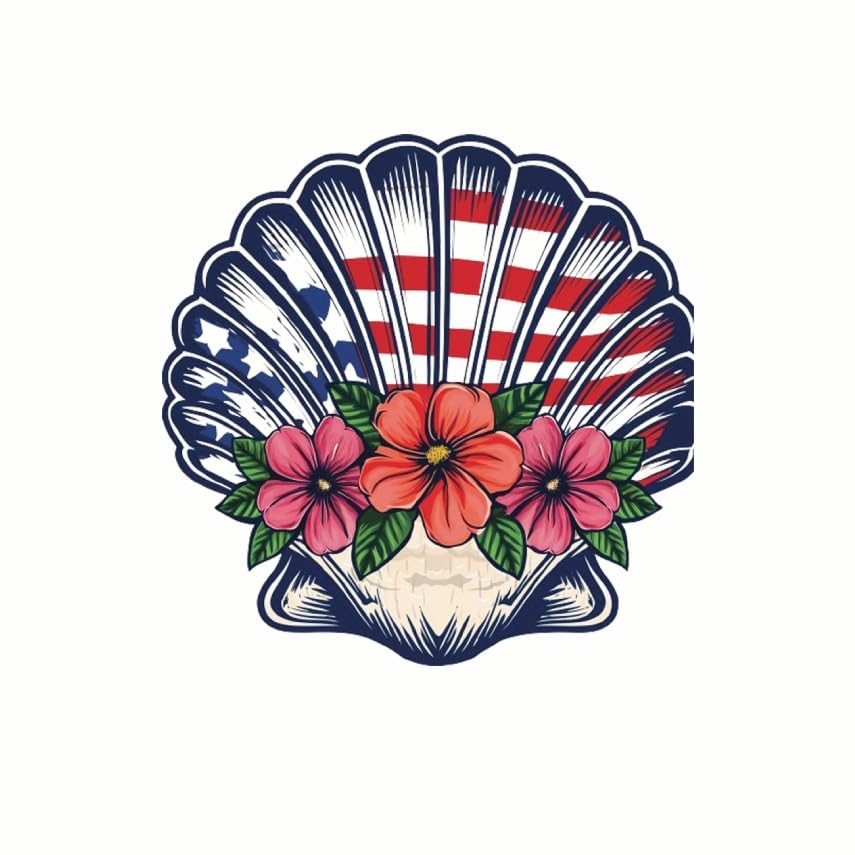 (3 Pack) Patriotic Shell Decals - American Flag - Floral Beach Decal - 3 Inches On Longest Side - Easy Peel & Apply - Made in USA - 3MCS7752